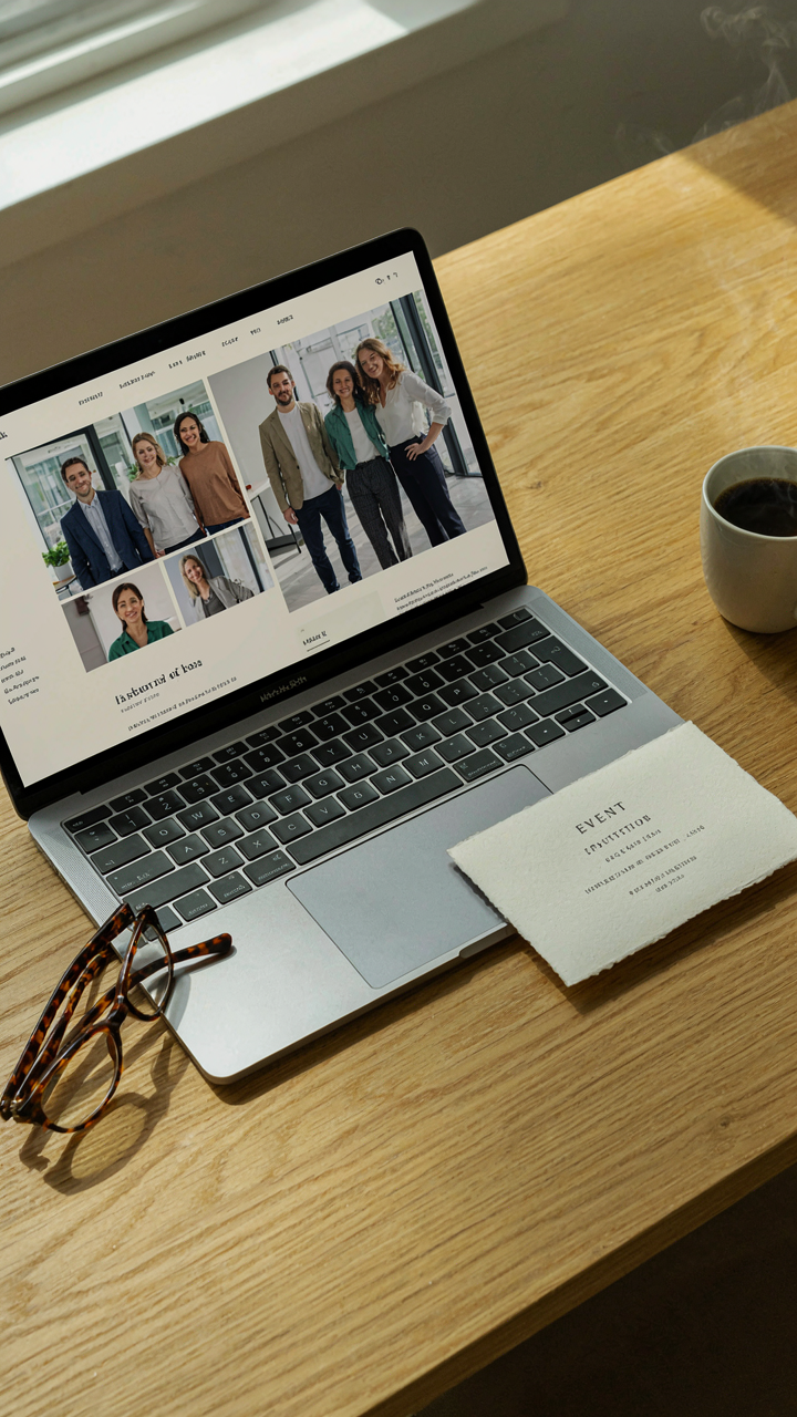 A laptop showing a company website next to an event invitation.