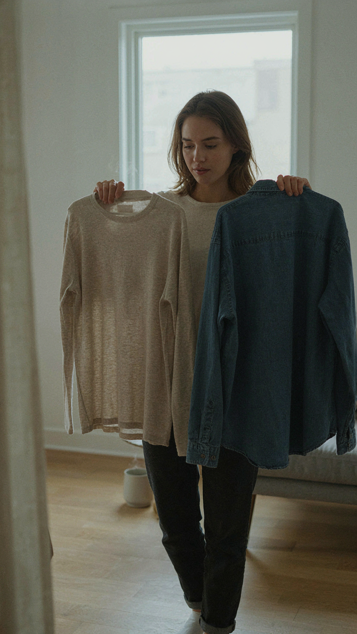 A person weighing a lightweight merino shirt against a bulky cotton shirt for packing.
