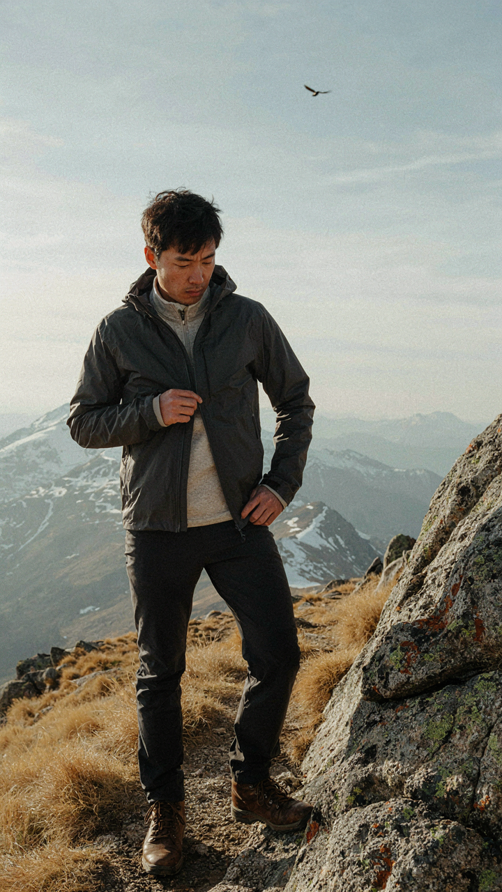 A person layers a technical jacket over a base and mid-layer on a mountain path.