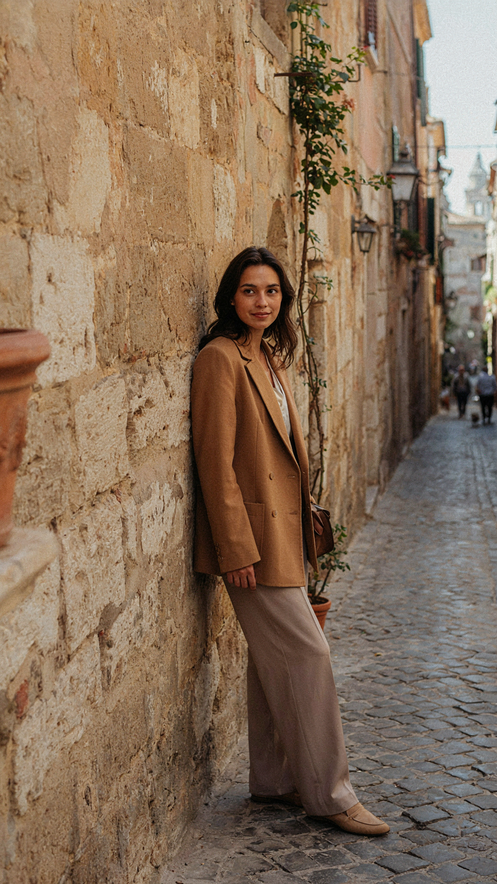 A solo traveler in an urban outfit subtly poses against a stone wall.