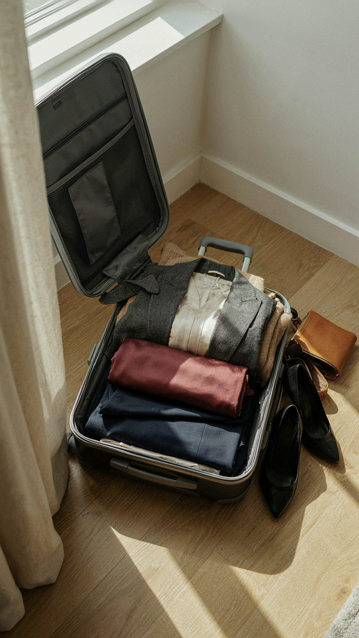 An open carry-on suitcase packed with a capsule wardrobe for dressy occasions.