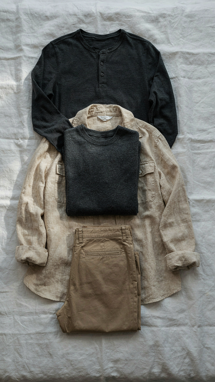 A minimalist capsule wardrobe is neatly laid out on a bed, ready for travel.
