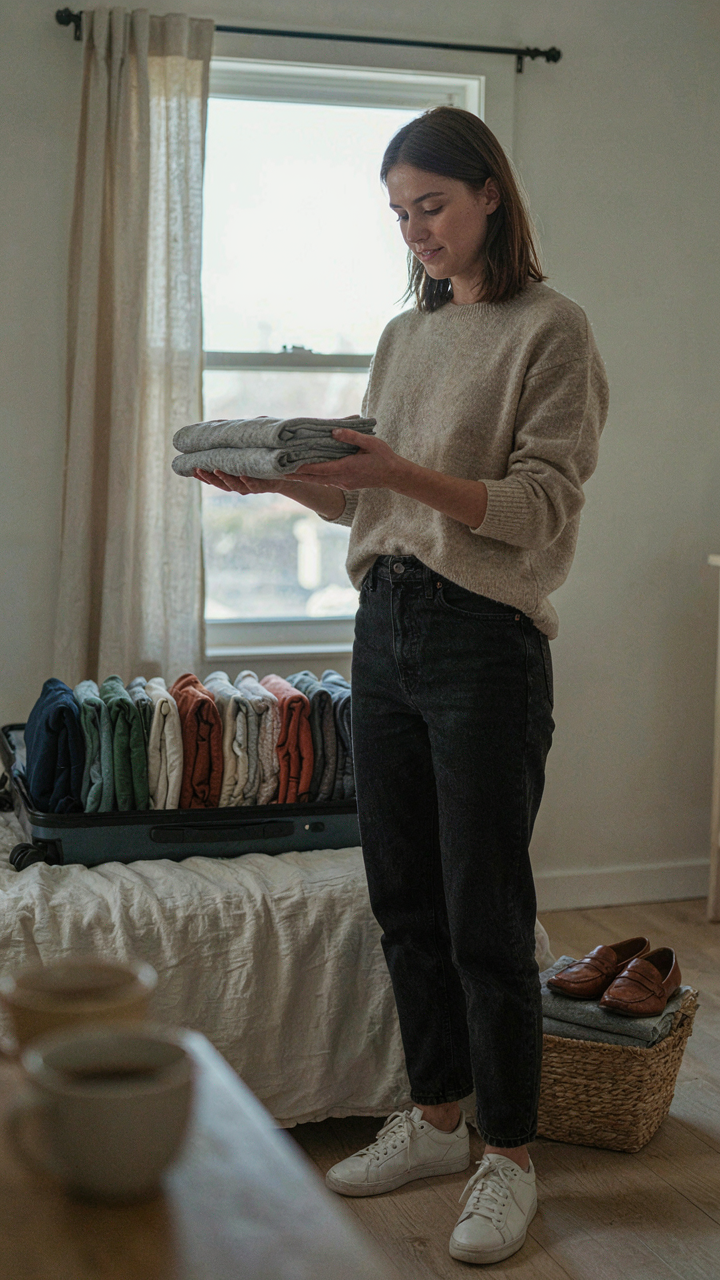 A person file folds a t-shirt to organize a one week carry on capsule wardrobe.
