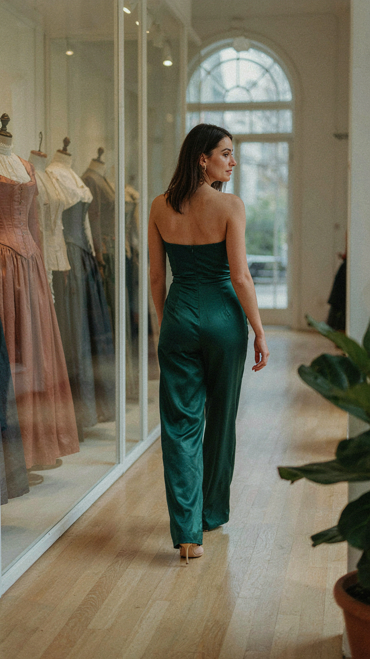 A woman in a strapless jumpsuit walks confidently past old fashion displays.