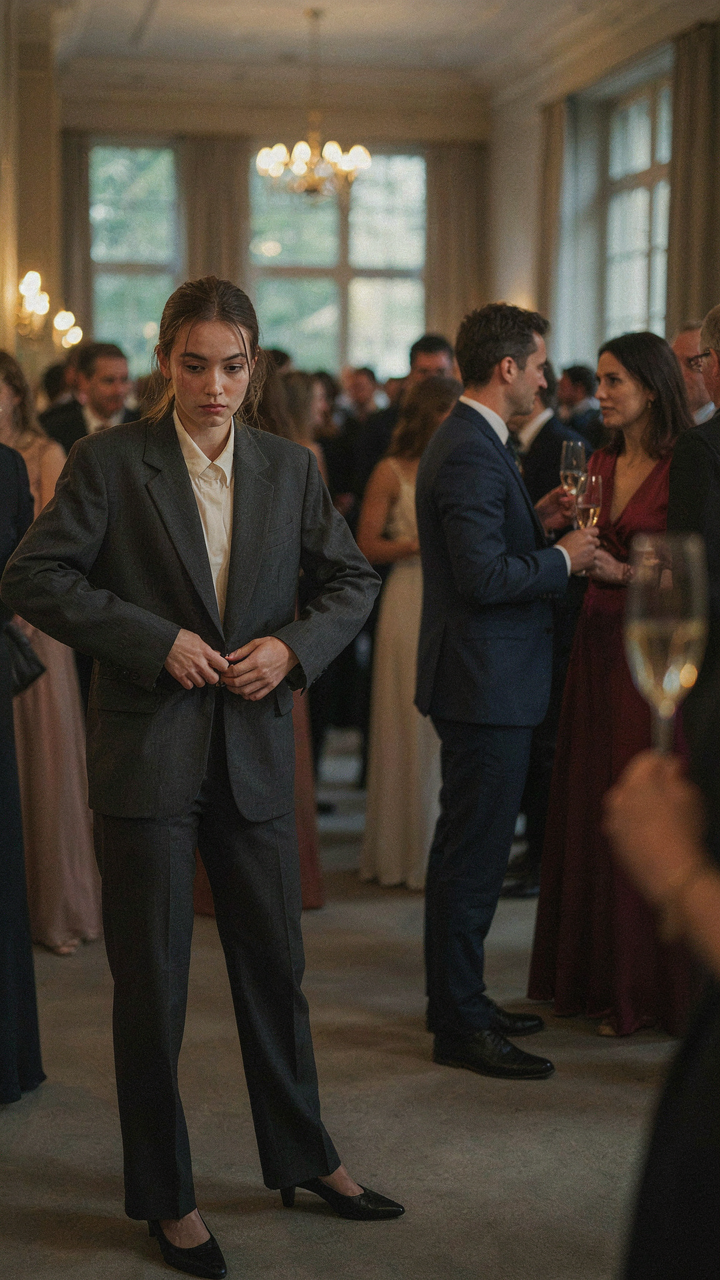 Person fidgeting with ill-fitting clothes in a crowded room.