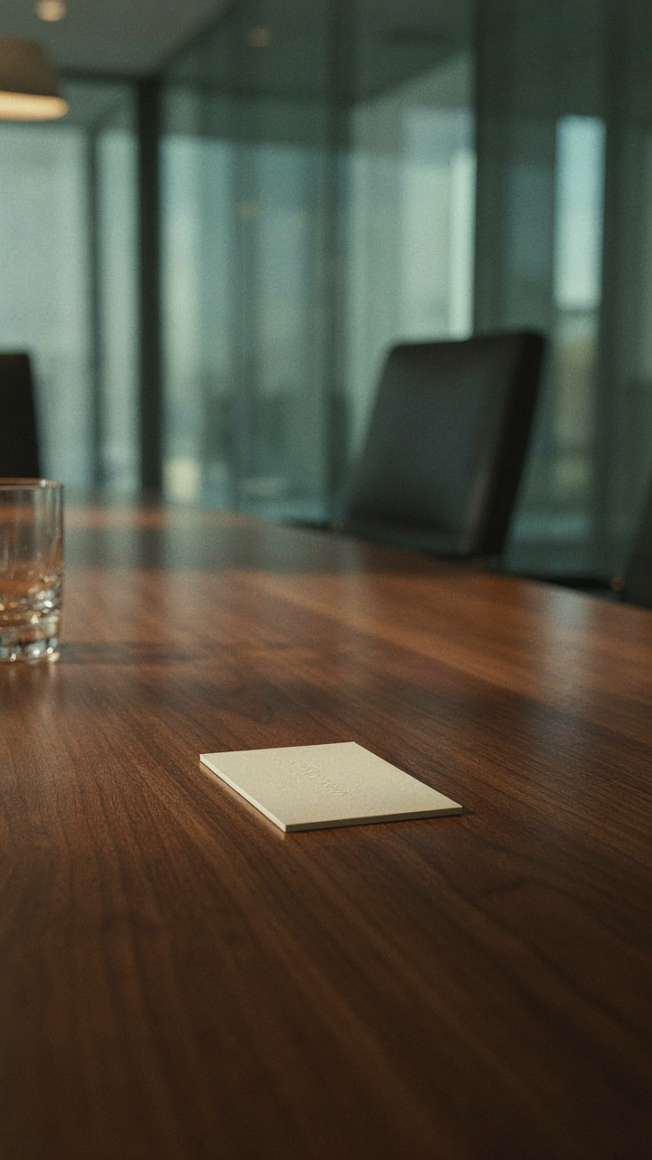 A single elegant business card sits on a polished conference table.