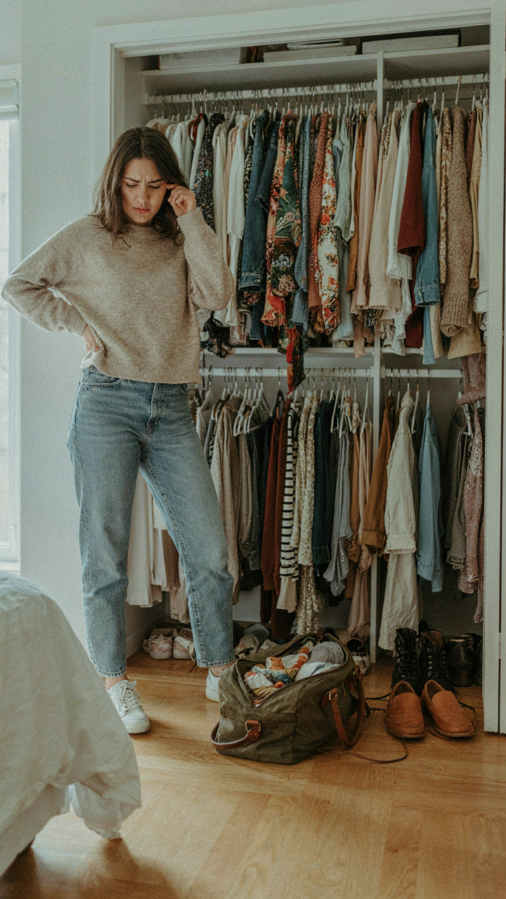 A person looks stressed in front of an overflowing closet, a small travel bag nearby.
