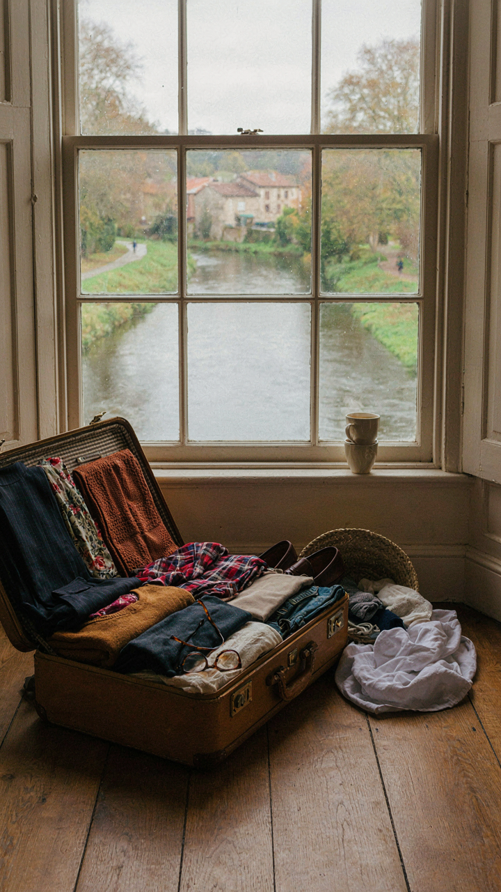 An overstuffed suitcase in a cabin, distracting from a European river view.