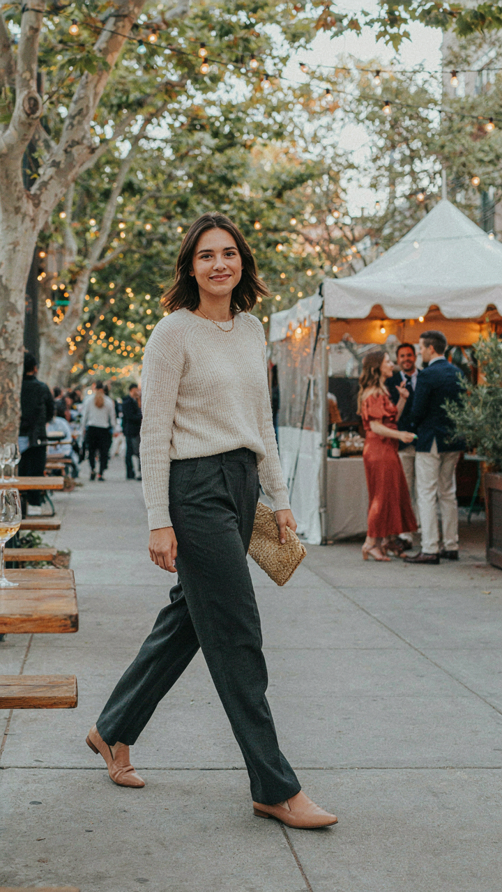 A person confidently enters an event, wearing a simple yet intentional outfit.