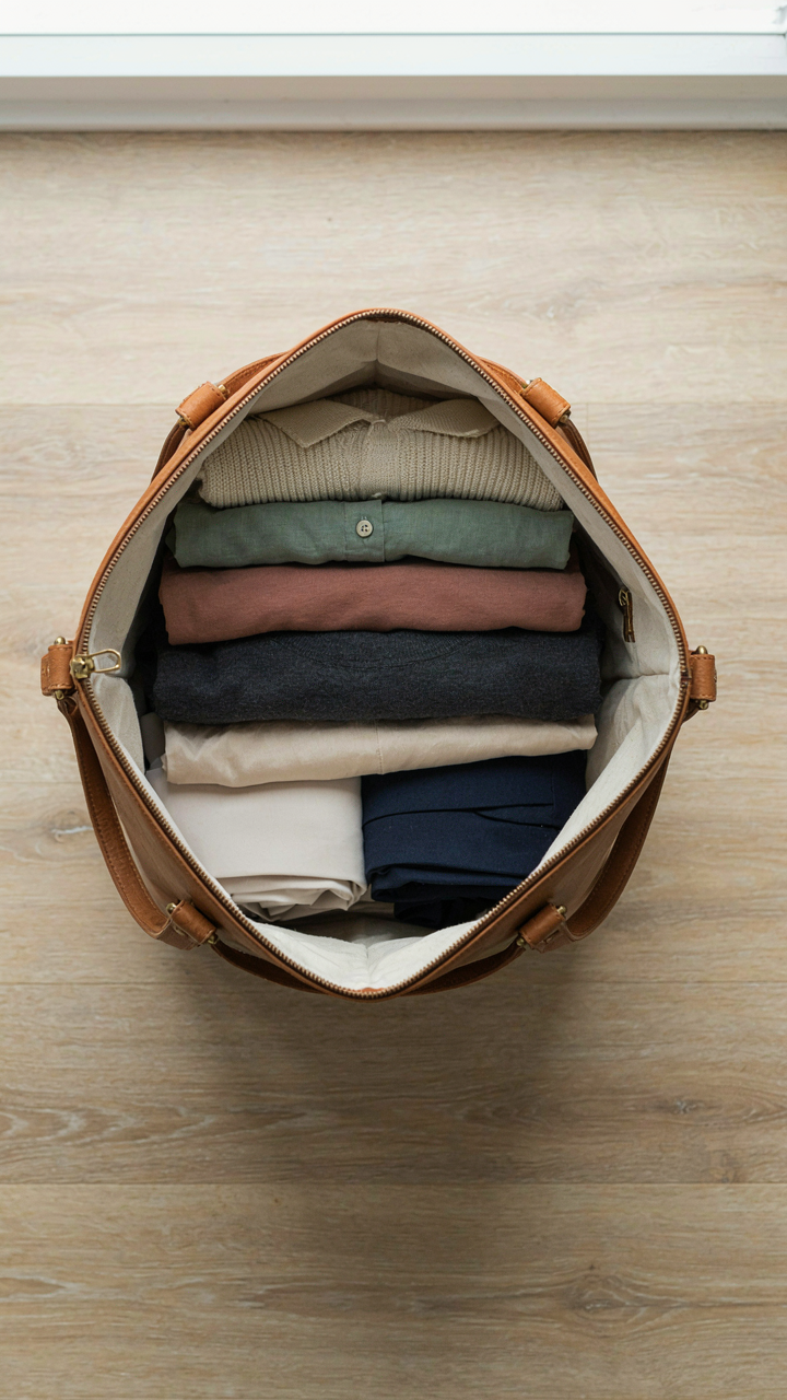 An open minimalist travel bag displays five tops and two bottoms for easy choices.