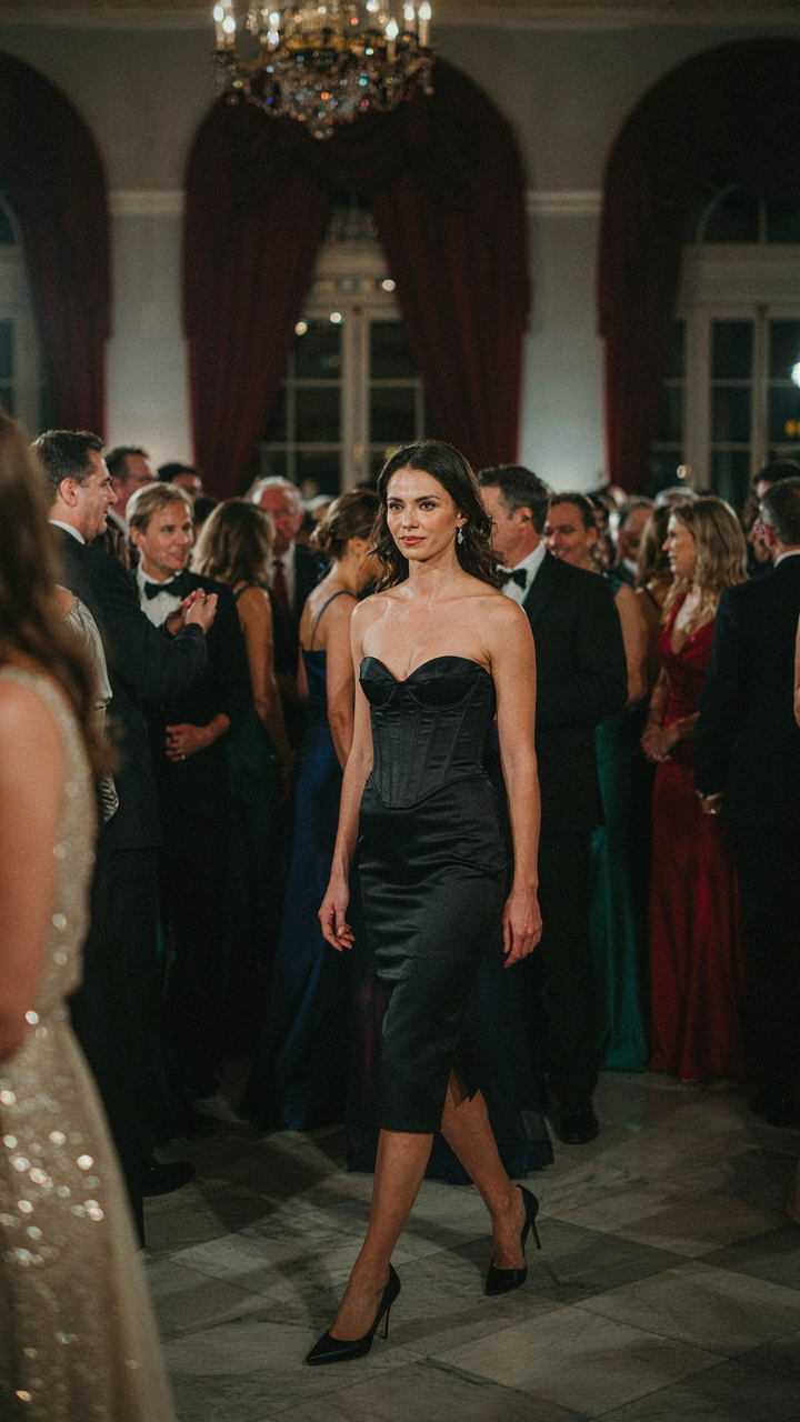 A woman in a striking corset top cocktail outfit moves confidently through a crowded room.