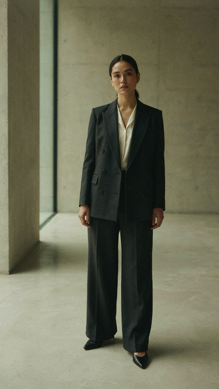 Woman in a tailored formal outfit stands with a commanding presence.