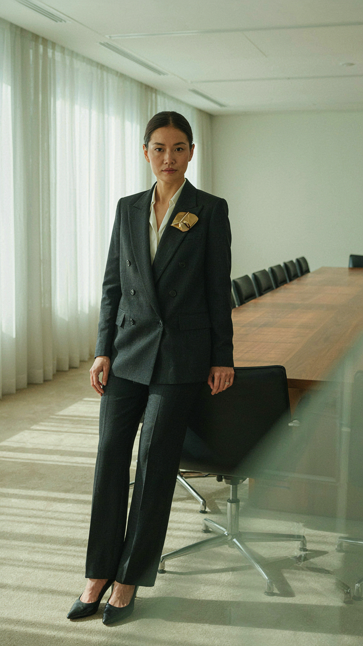 Woman in a custom-tailored dark suit with a bold accessory in a conference room.