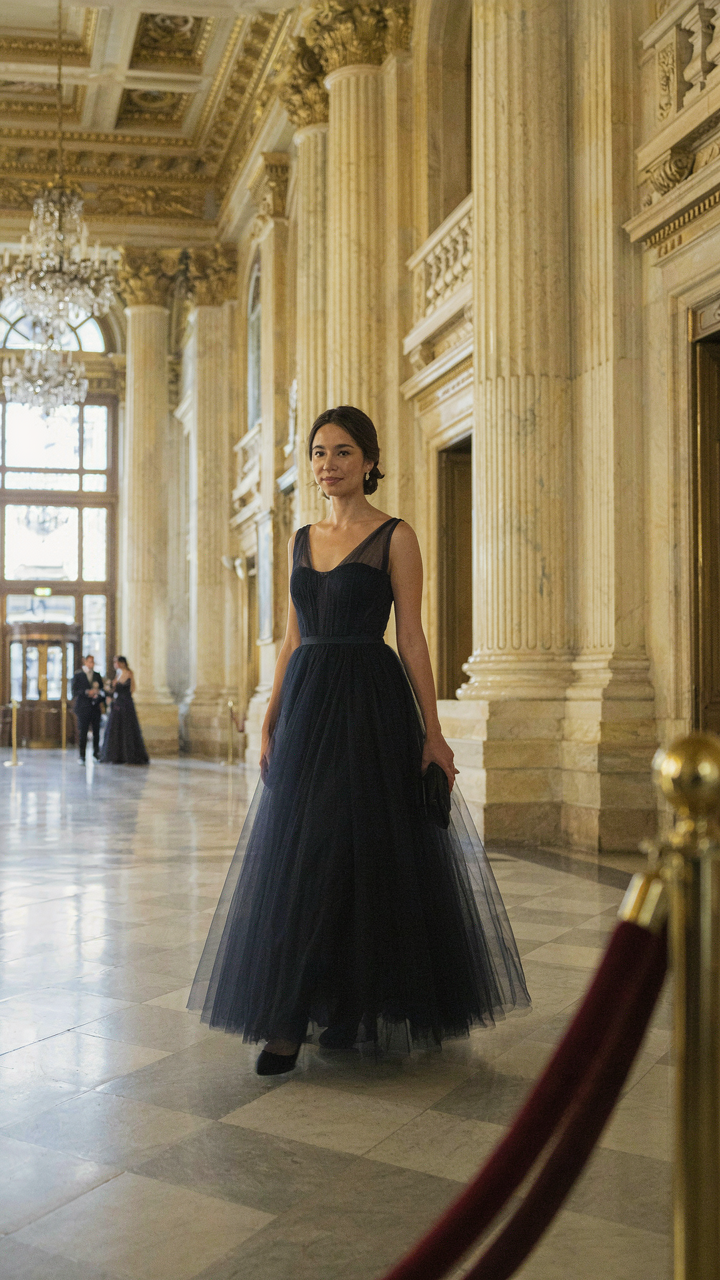 A woman in a navy tulle skirt outfit walks in a grand theater lobby.