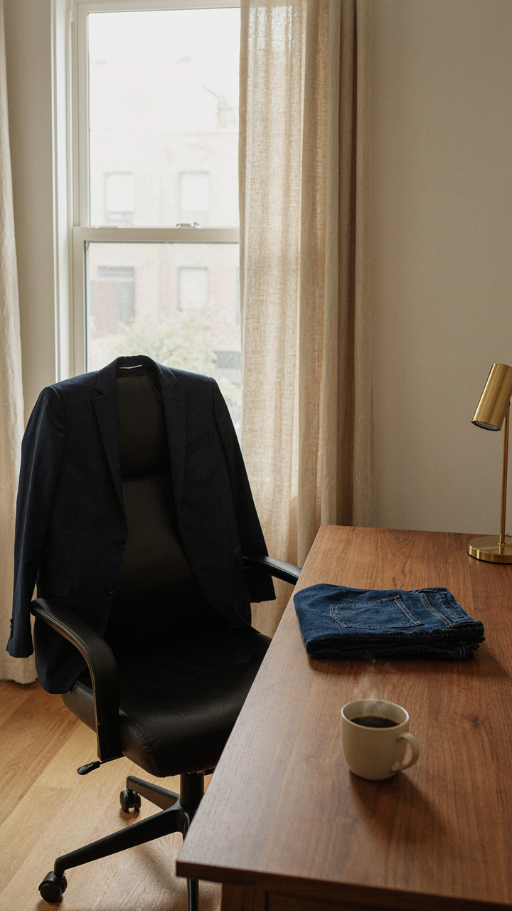 A navy structured blazer rests on an office chair, with jeans on a desk.