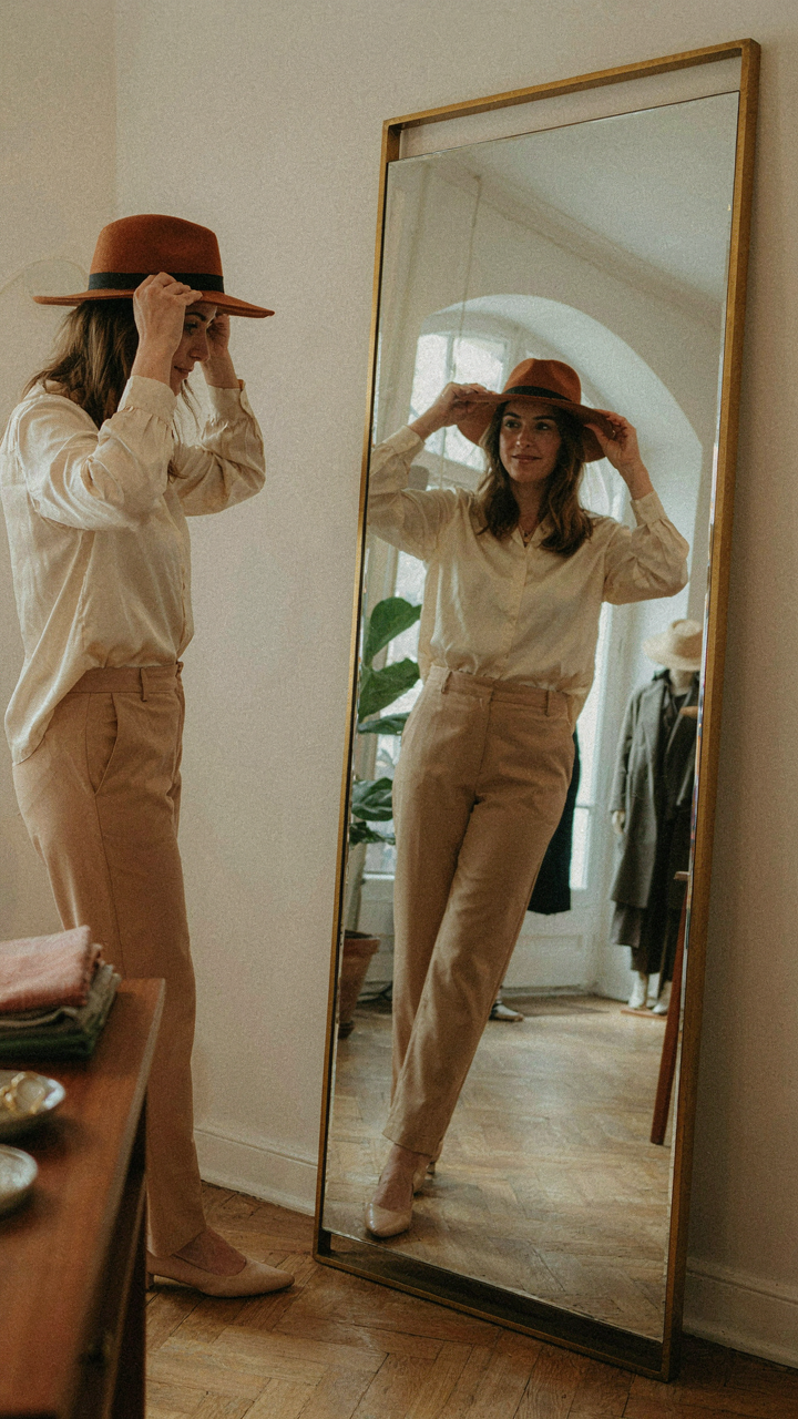 A woman confidently tries on a stylish hat in a boutique.