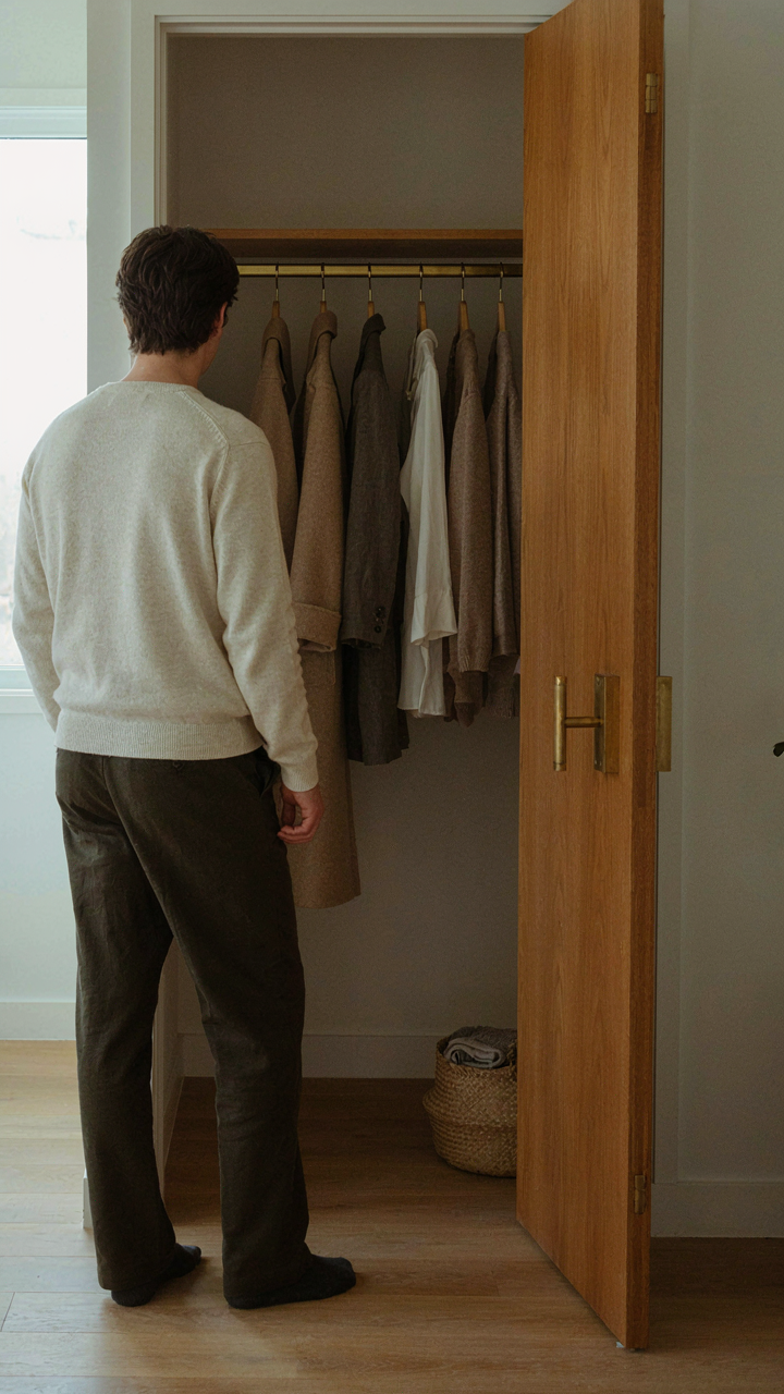 An uncluttered closet with five neutral garments, a person looking calmly at them.