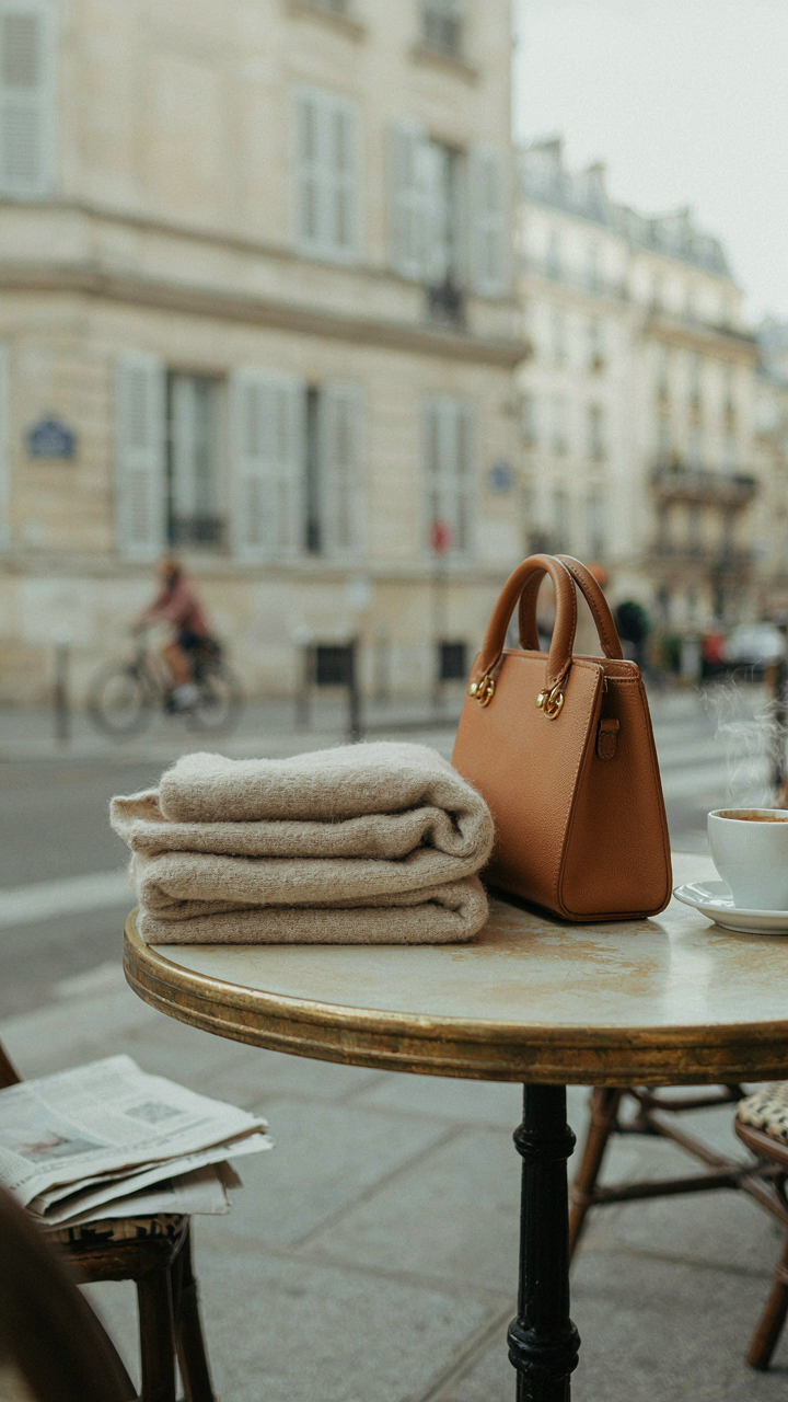 A neutral wool scarf and structured leather handbag on a table.