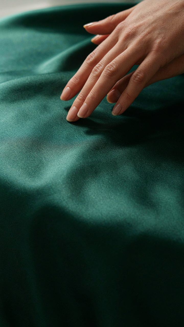 A hand gently touches luxurious silk fabric, showing consistent light reflection.