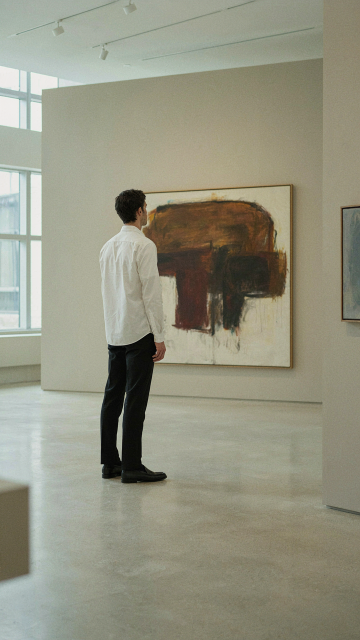A person stands still in a gallery, wearing black trousers and a white shirt.