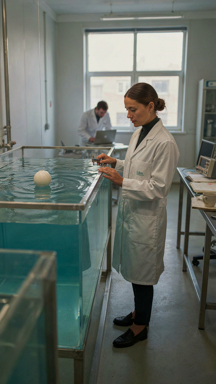 A scientist observes water flowing around an object in a lab.