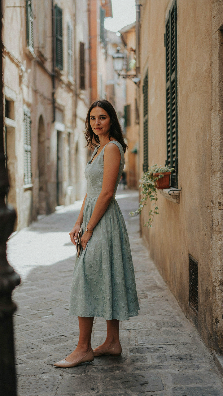 A woman in a midi dress and pointed-toe flats with a clutch.