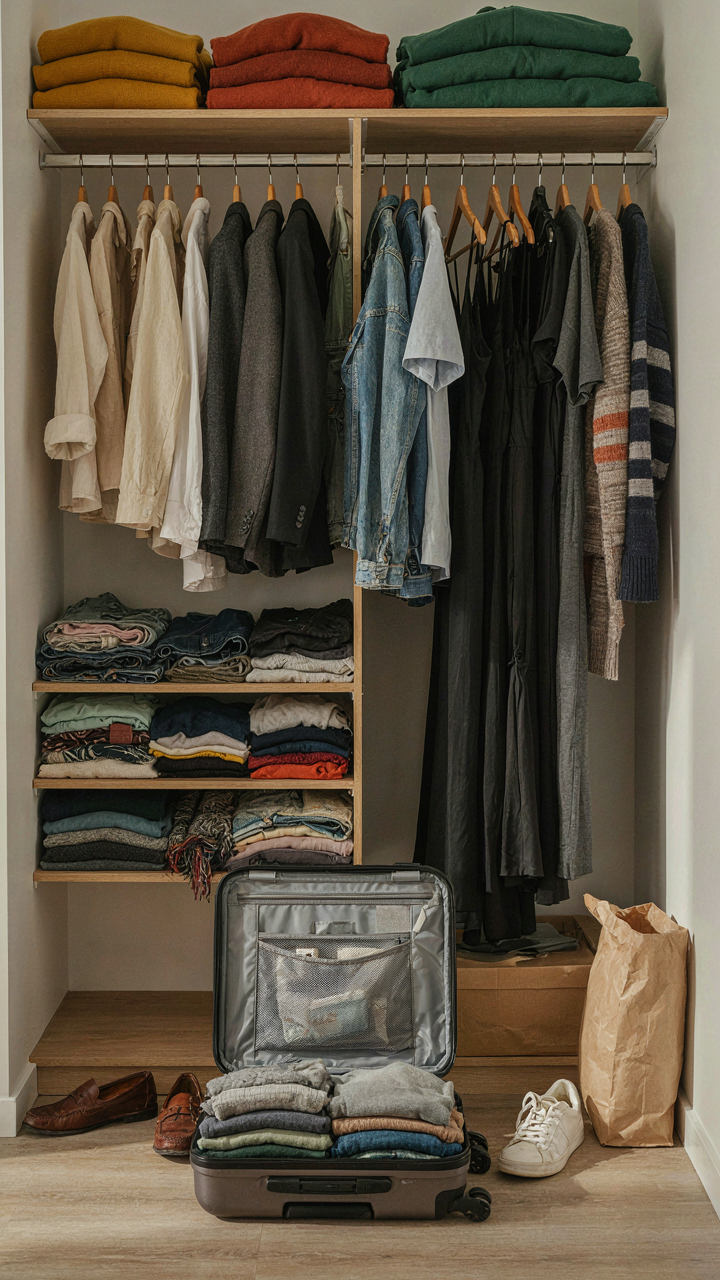 A cluttered closet is open next to a small, neatly packed carry-on bag.