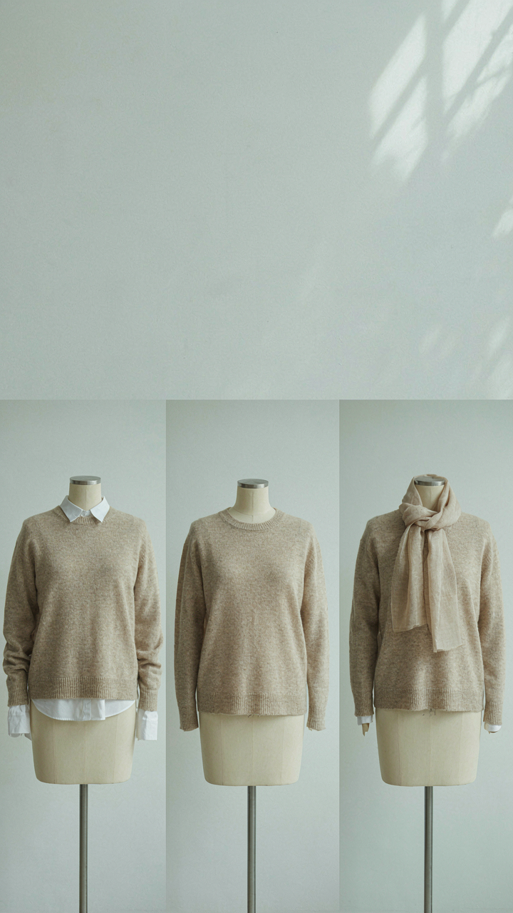 A neutral merino wool sweater is styled three different ways on a mannequin.