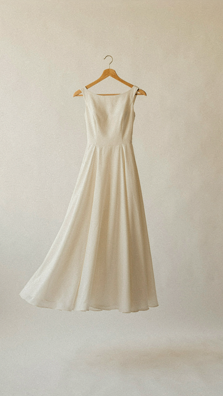 A flowing A-line dress hangs on a wooden hanger.