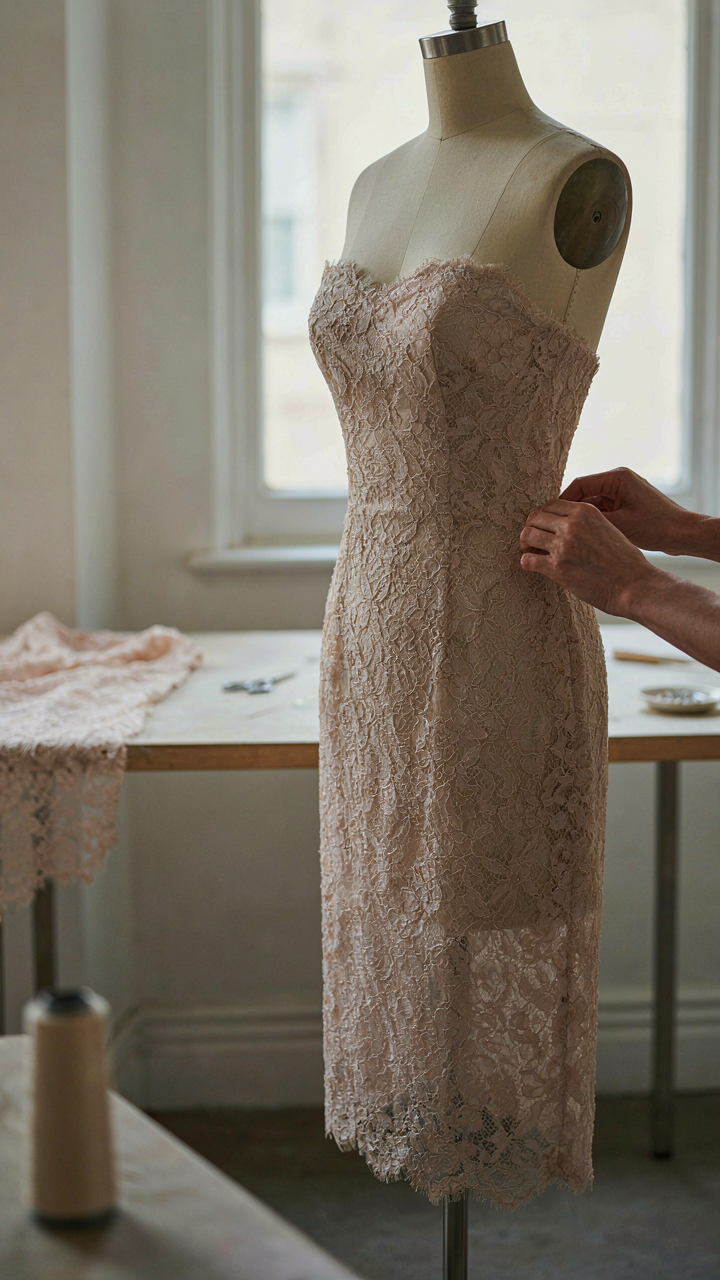 Tailor's hands carefully adjusting the side seam of a lace cocktail dress.
