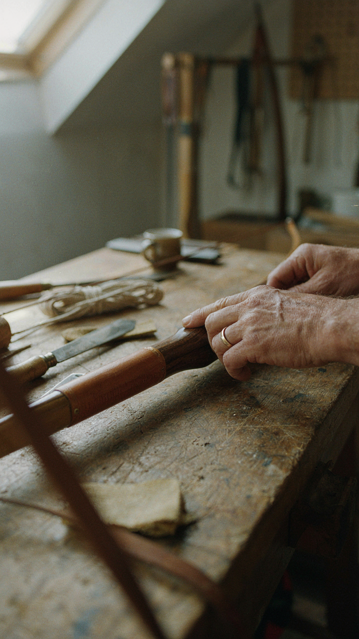 Artisan's hands carefully shaping a bow from rich leather.