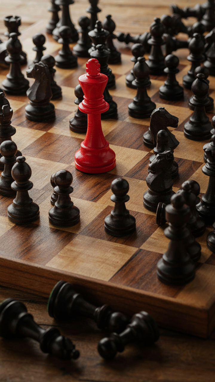 A single red chess piece stands out among many black pieces.