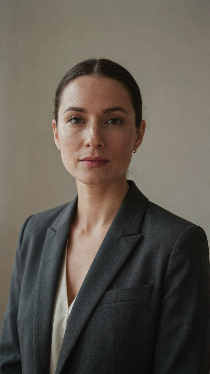 A professional woman poses for a corporate headshot.