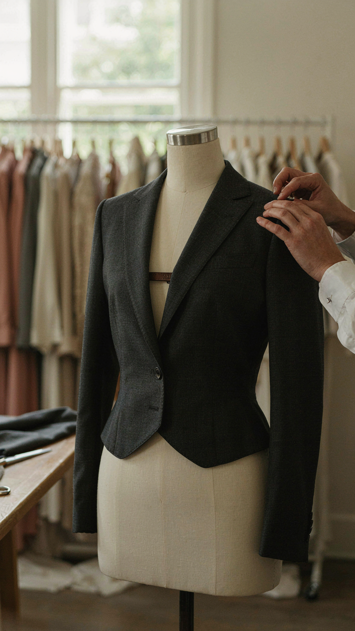 A tailor's hands adjust a structured jacket with a unique cut on a mannequin.