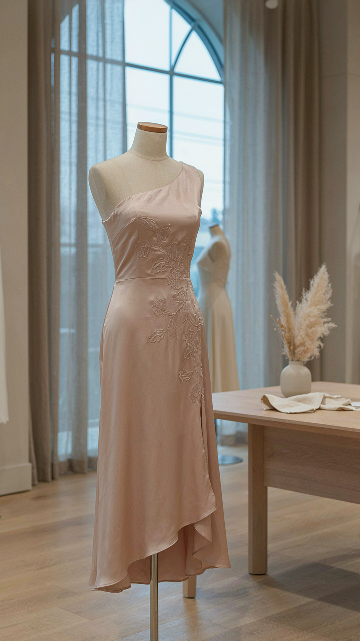 A striking one-shoulder dress with an asymmetrical hemline on a mannequin.