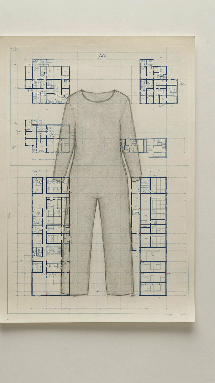 A blueprint of a building structure overlaid with a plus size jumpsuit outline.