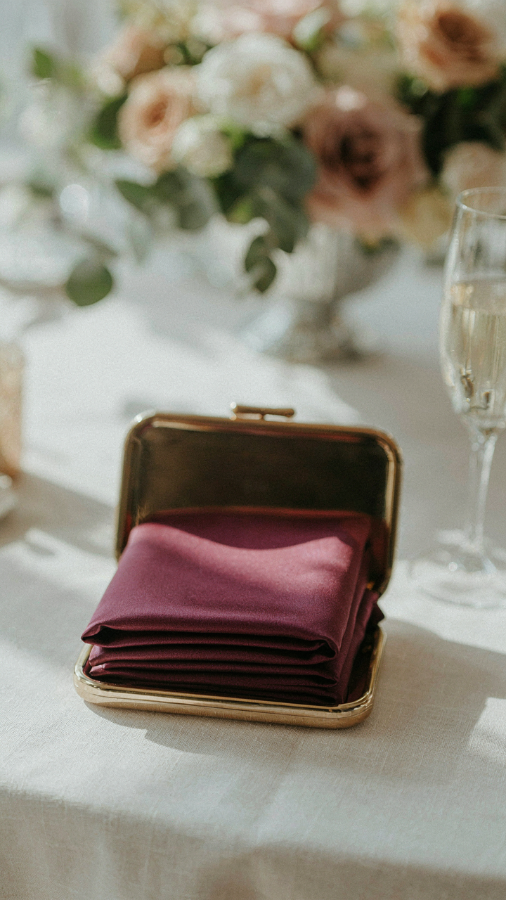 A deep plum silk scarf neatly folded inside an open clutch purse.