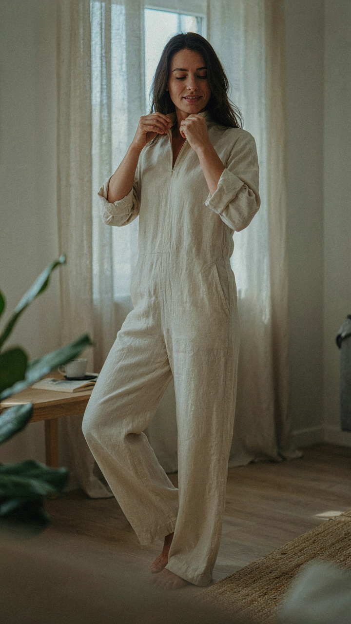 Candid shot of a woman in a jumpsuit adjusting her collar, looking natural.