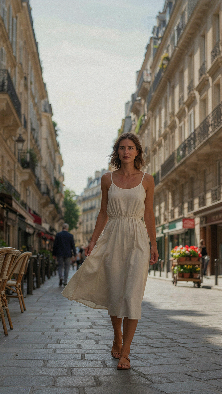 Woman in a dress walks toward the camera on a city street, adjusting her dress.