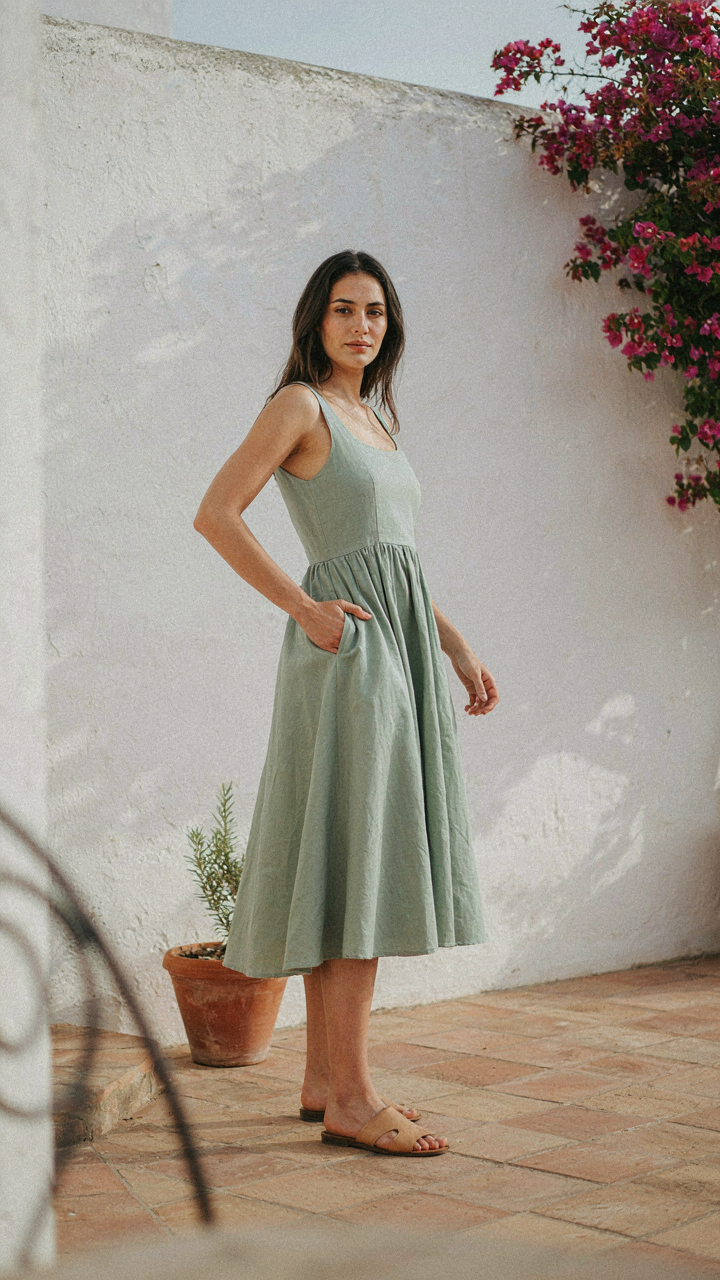 A woman in a midi dress stands with her weight shifted to one leg, arm on hip.
