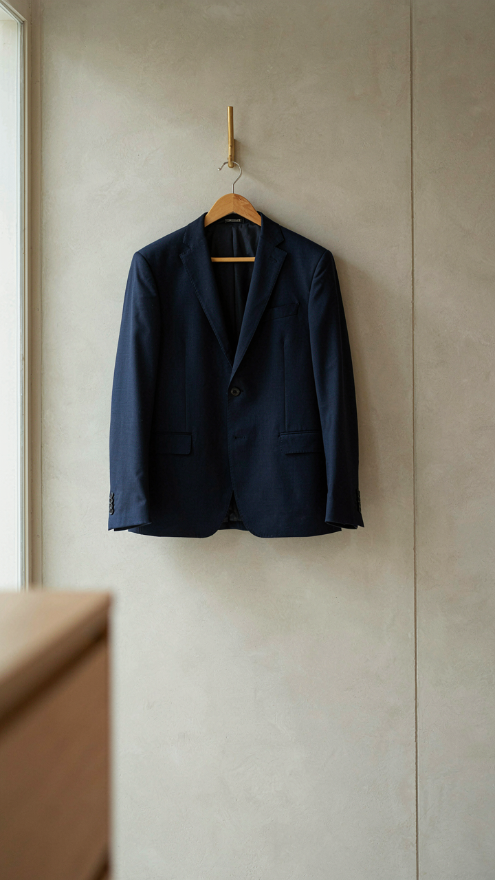 A perfectly tailored navy blue blazer hangs on a wooden hanger.