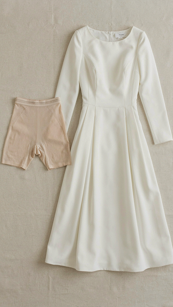 A shaping brief lies next to a structured modest wedding guest dress.