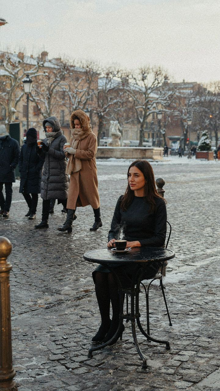 A woman in a cocktail dress and opaque tights sits comfortably in cold weather.