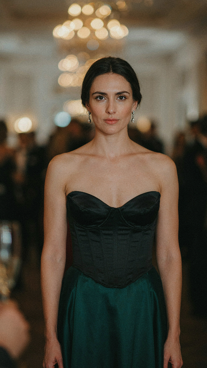 A woman with perfect posture, shoulders back and chest lifted, wears a corset top.