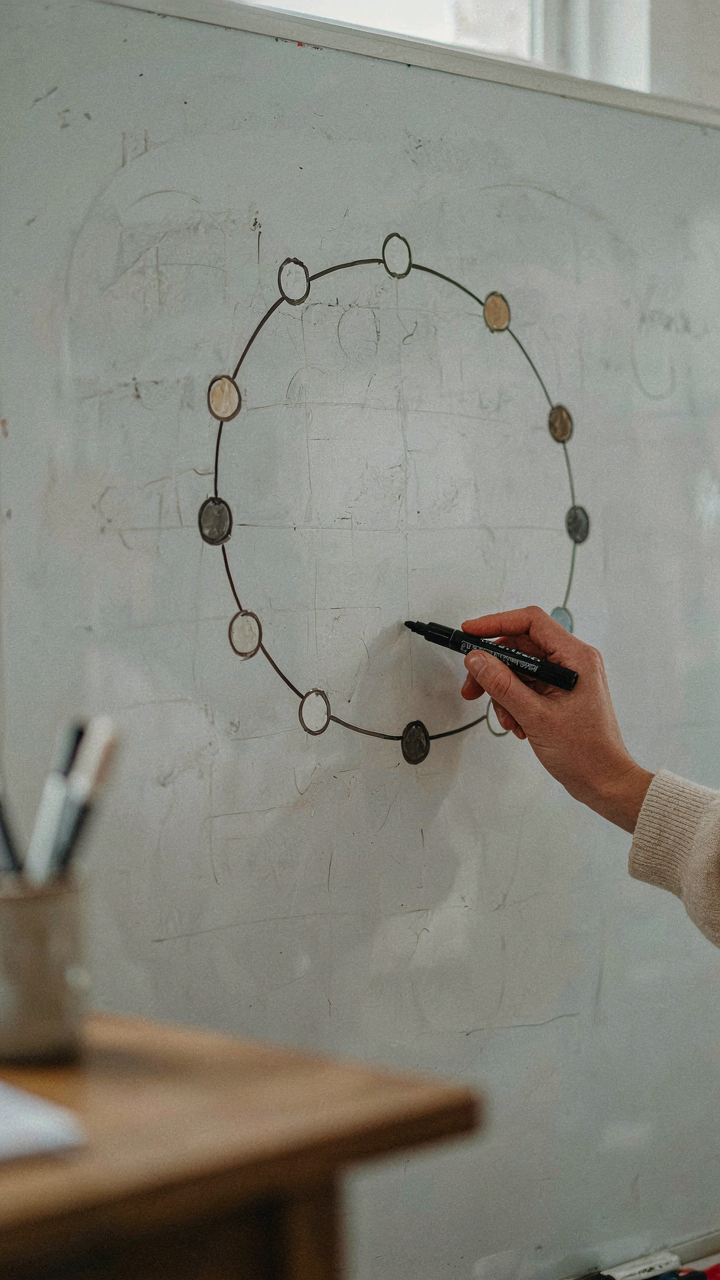 A whiteboard diagram shows interconnected nodes, representing a cohesive neutral color palette.