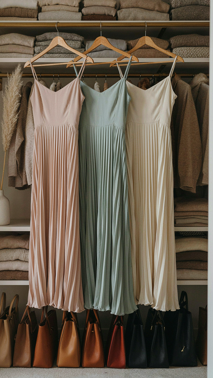 Wardrobe with three identical pleated midi dresses hanging neatly.