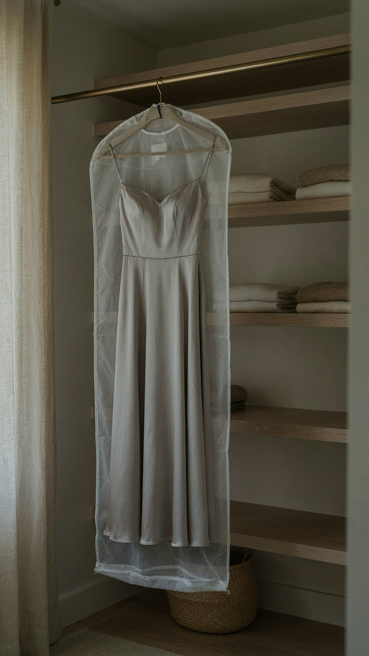 A metallic cocktail dress hangs on a padded hanger in a garment bag.
