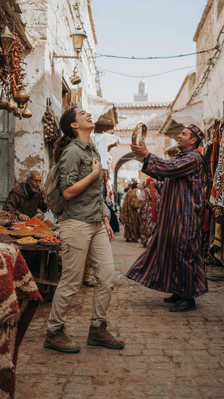 A solo traveler laughing at a street performer, wearing practical solo travel photo outfit ideas.