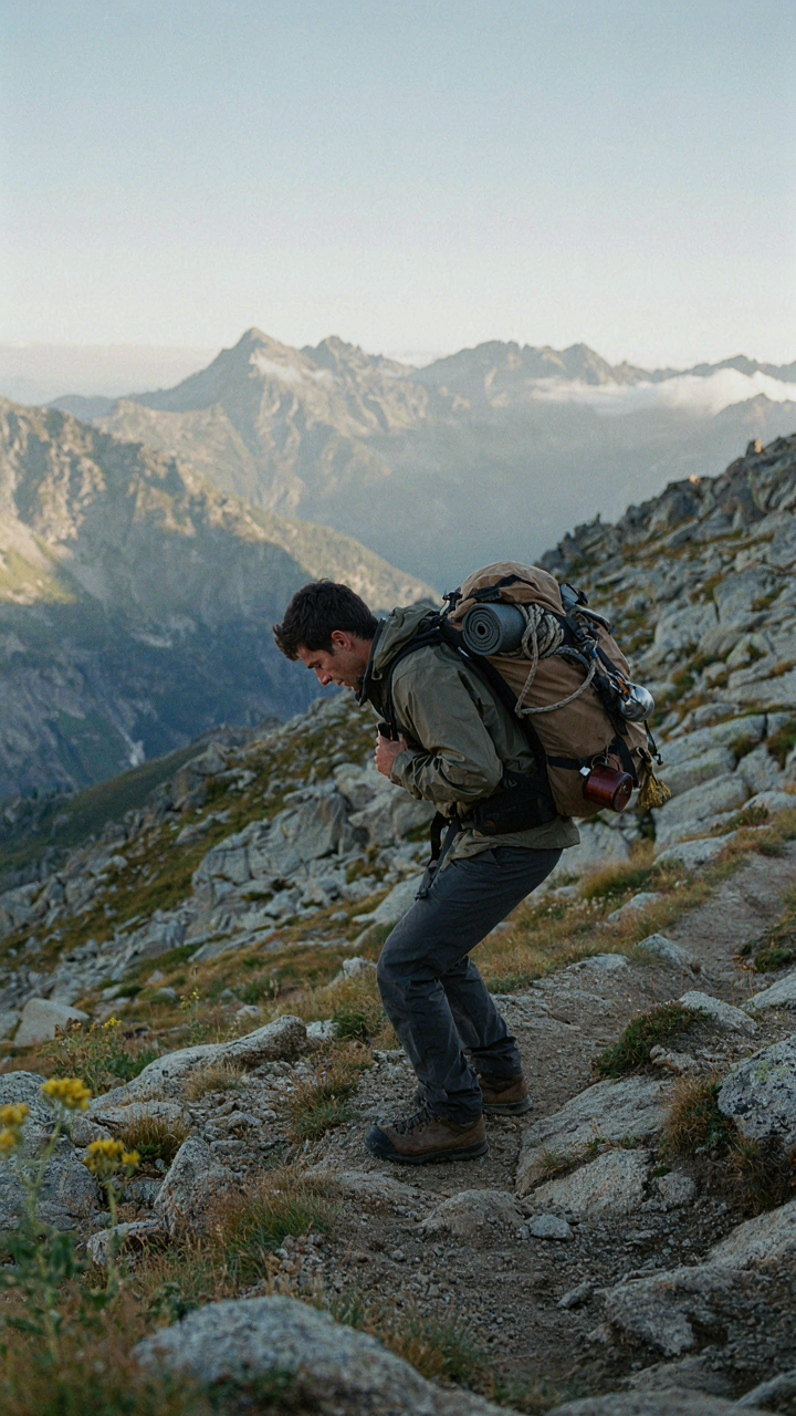 A tired hiker struggles uphill with a very heavy, overstuffed backpack.