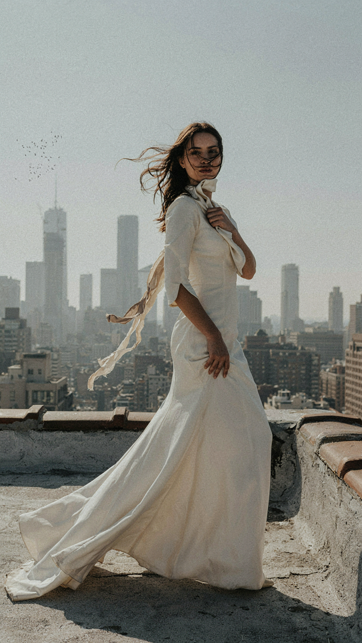 A woman in formal wear battles wind on a rooftop, her dress and hair disheveled.